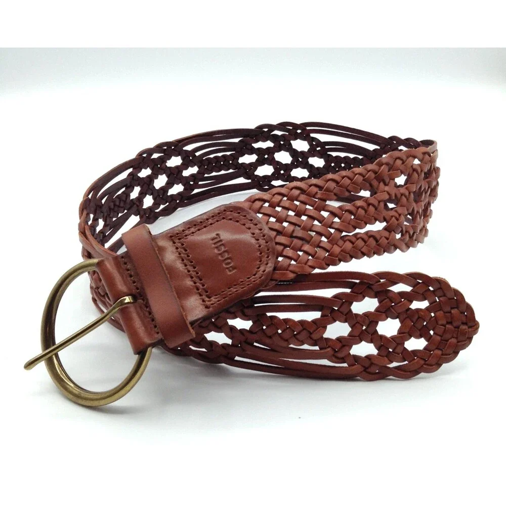 Fossil Leather Belt Wn S Brown Braided Woven Brass Buckle Boho Western Cowgirl